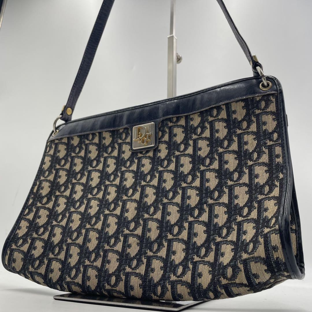 Dior Trotter Logo Navy Leather Shoulder Bag Preowned Luxury