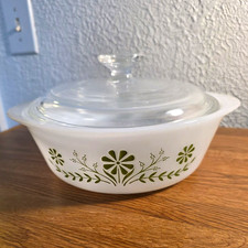 Glasbake 1 and 1/2 Qt White Milk Glass Oval Casserole w Lid Green Floral
