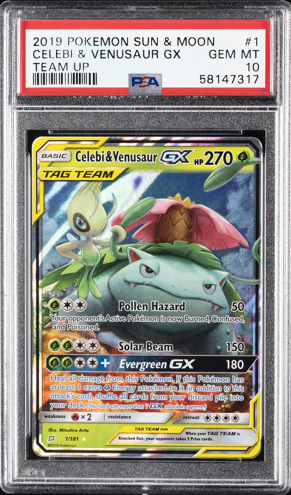 2019 POKEMON SUN & MOON TEAM UP #1 CELEBI & VENUSAUR GX PSA 10