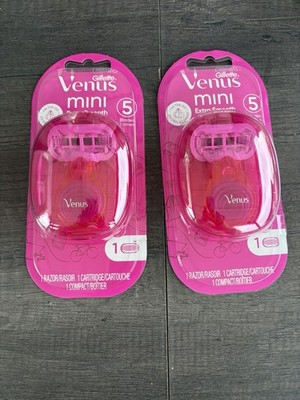 Lot Of 2 Pink Venus Mini Extra Smooth Women's Razor + Travel Case 5 Blade NIB