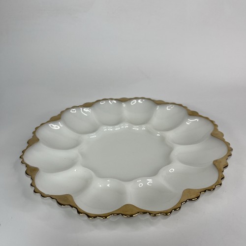 FIRE KING Anchor Hocking Milk Glass Deviled Egg Plate Serving Tray Gold Trim VTG - Picture 2 of 5