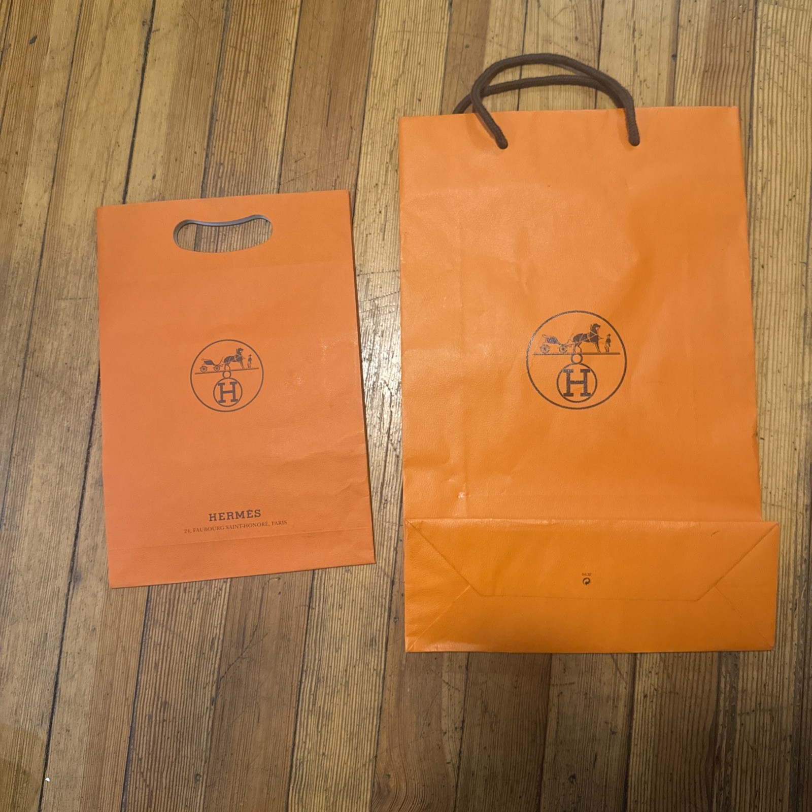 two (2) Hermes Paper Bag Empty Paper Gift Bag Orange Authentic 17”X11” & 12X8”