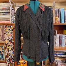 Vintage Componix Rayon Blouse Green Black Leaf Print Contrast Collar Size 6