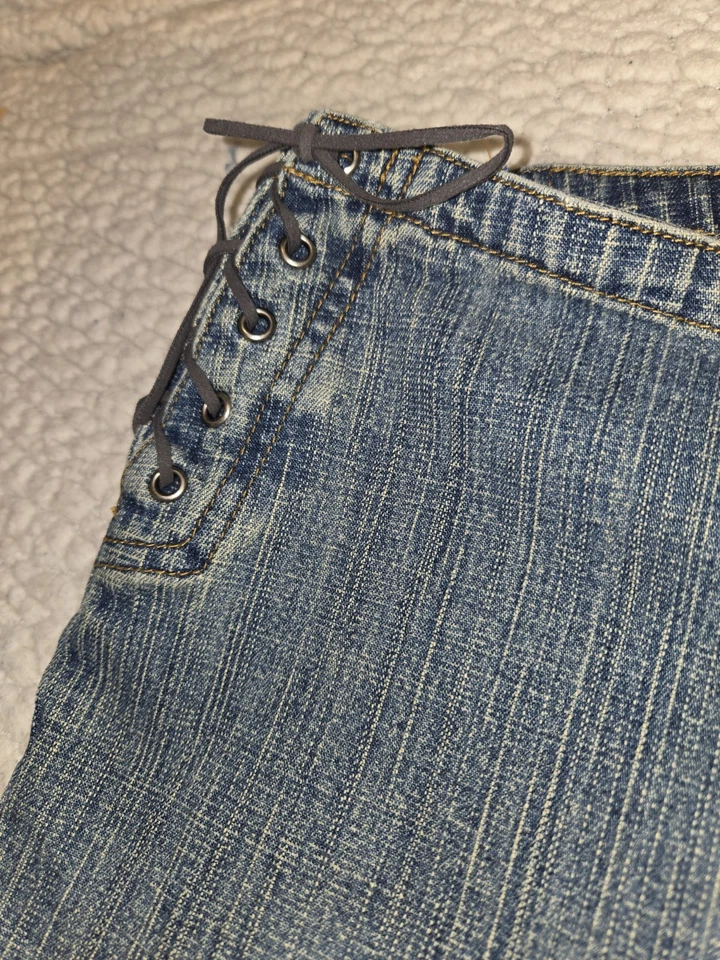 Jeans azul feminino Zana Di tamanho 22 reto. Cadarços laterais boho hippie stretch - Imagem 3 de 4