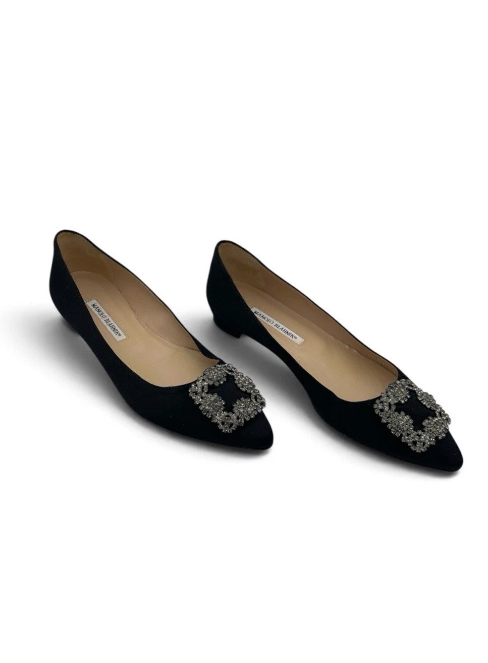 Manolo Blahnik Hangisi Black Satin Crystal Jewel Ballet Flats EU 40.5 US 10.5