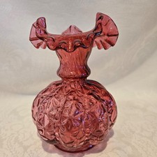 Fenton Cranberry Beaded Glass Vase Ruffled Crimped Trim Pristine