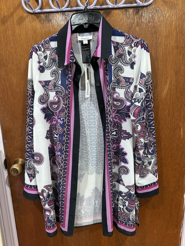 Chico’s Long Sleeve Mesh Button Down Shirt  NWT ~ Paisley Clover Purple