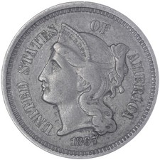 1867 (P) Three Cent Nickel Very Fine VF See Pics S105