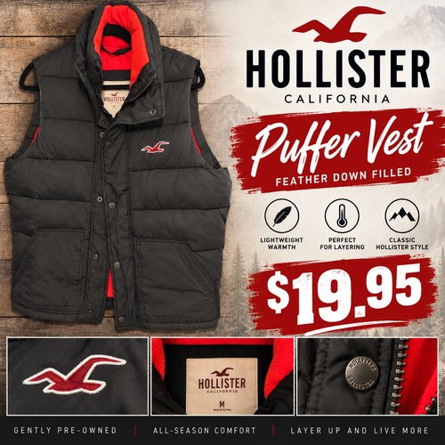 Hollister Mens Puffer Vest Black Full Zip Logo Size L Down Feather Fill