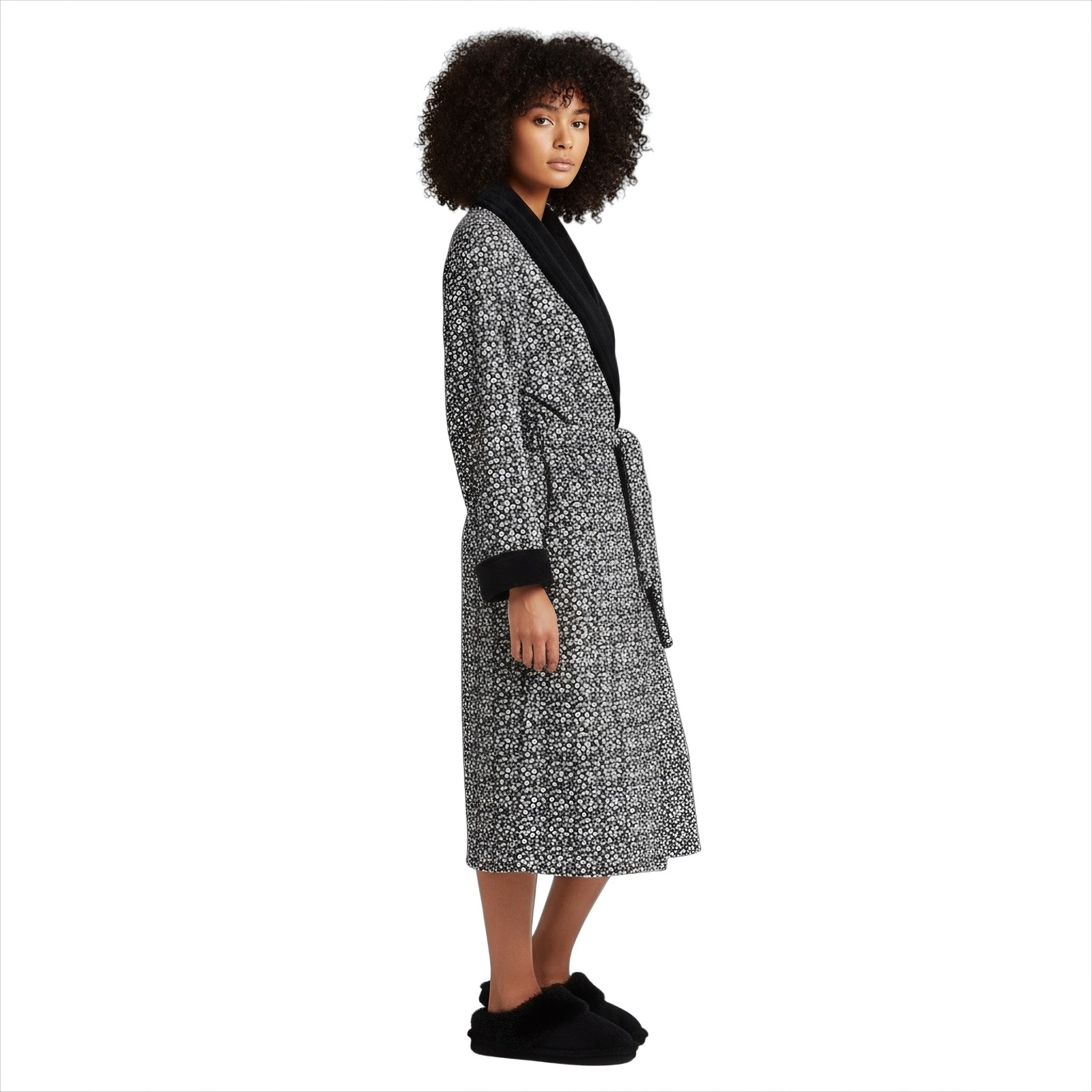 UGG DUFFIELD II BLACK GREY MICRO LEOPARD BATHROBE COLLAR WOMEN'S ROBE SIZE XS