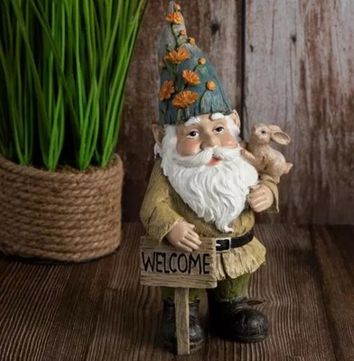 Garden Gnome With Welcome Sign  Patio Holding Bunny Rabbit 10 