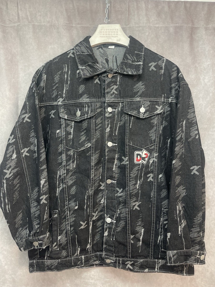 Dsquared2 Grey Black Faded Distressed 'D2' Patch Denim Jean Jacket