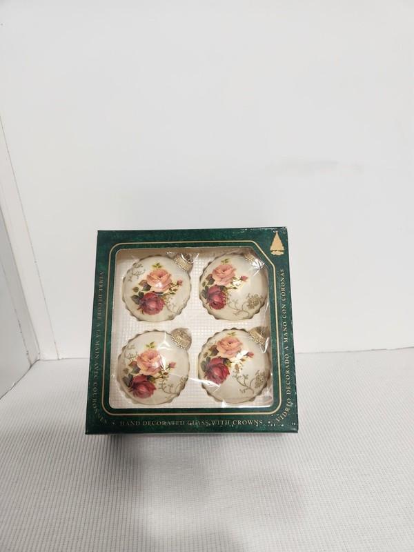 VTG 4 Christmas Krebs Glass Victorian Pink Red Rose Ornament Gold Glitter