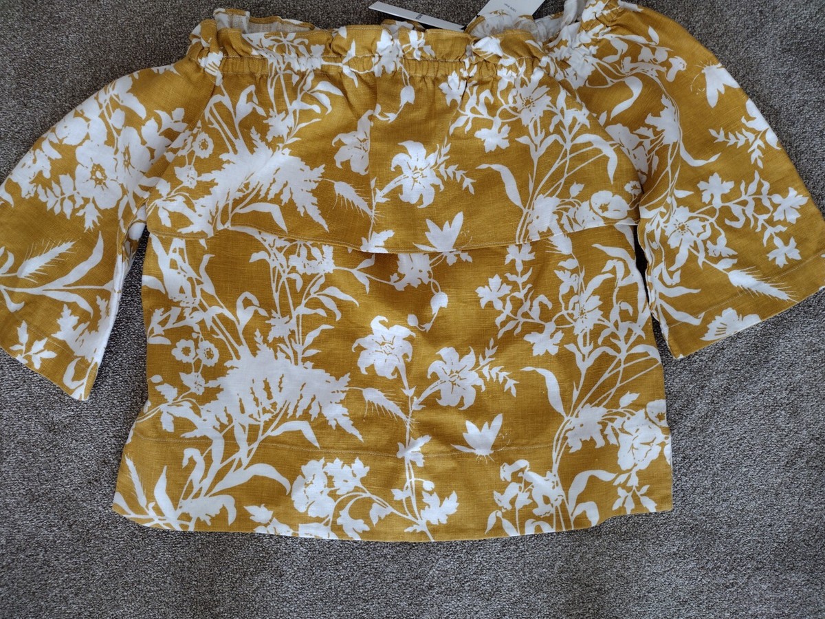 Whistles Linen Mustard And White Bardot Top Size 10 UK