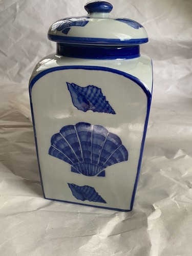 Blue & White Nautical Seashell Covered Canister. Blue And White Ceramic - Picture 7 of 15