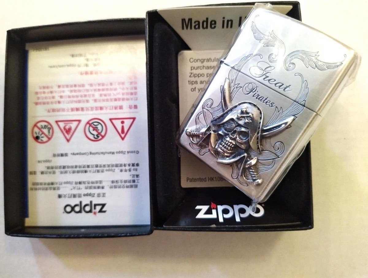 RARE Zippo Japan Model Pirate Emblem Brushed Chrome Lighter