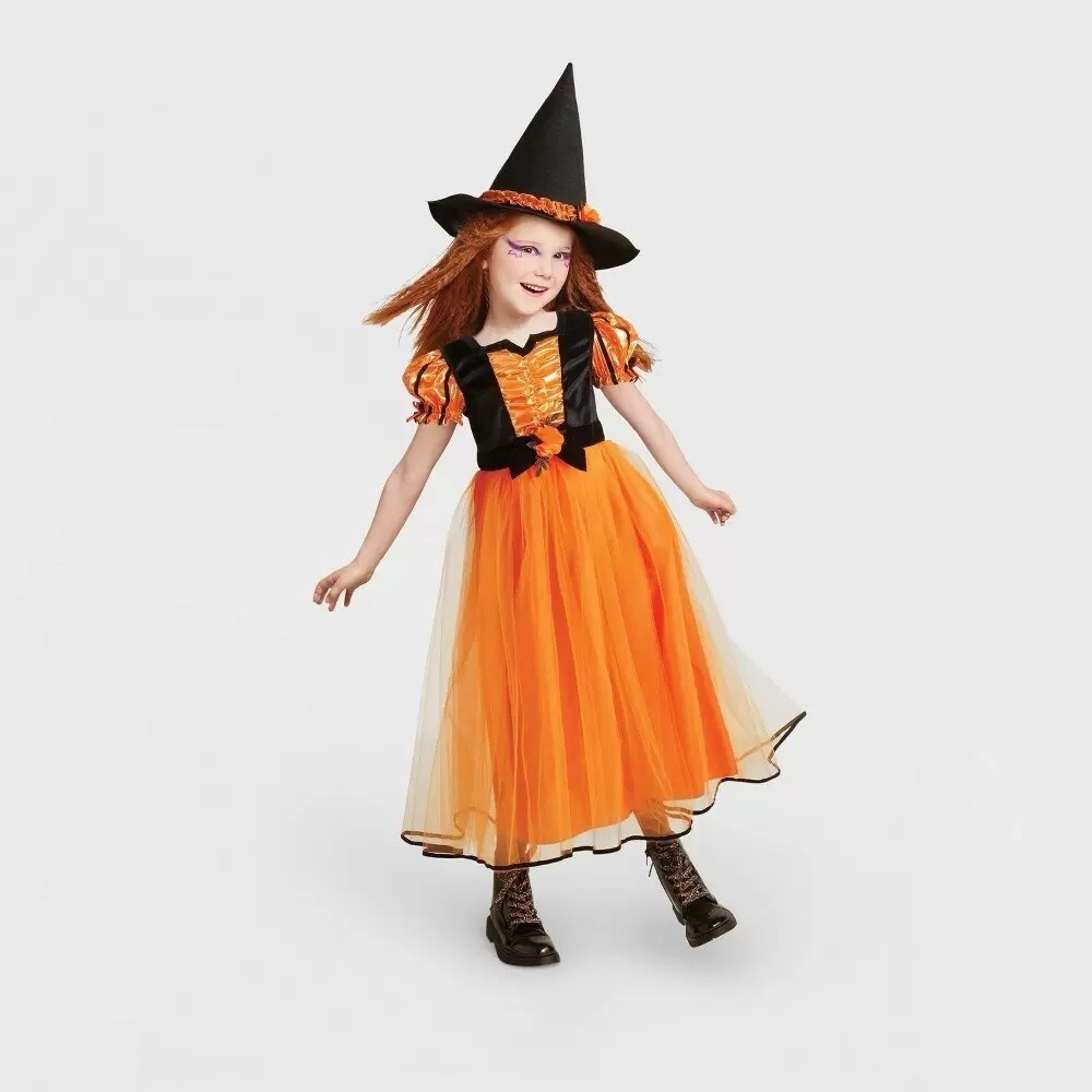 Girls Orange Black Witch Halloween Costume Dress Hat 12-14