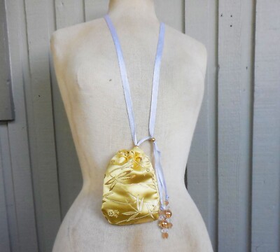 Reversible Gold Dragonfly/Silver Brocade Drawstring Necklace Medicine Bag Pouch