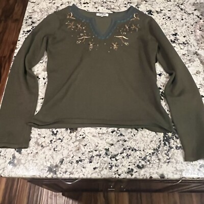Vintage Womens Carducci Embroidered Jeweled Floral Pullover Knit Long Sleeve Top