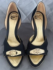 JUST CAVALLI HORSES Satin Shoes Heels Black and .Gold Open tip Sz 39 8.5
