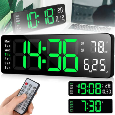Große LED Digital Wanduhr mit Datum Temperatur Display Alarm Clock Fernbedienung