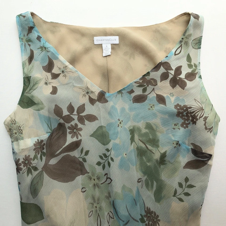 Vestido largo midi Y2K años 2000 floral bebé azul marrón beige acampanado 100 % seda 8 Foto 3 de 4