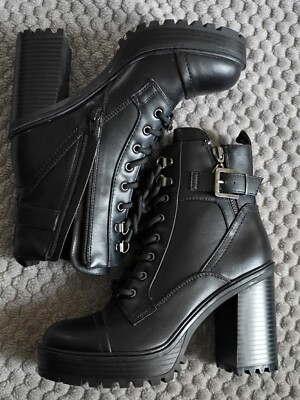 #ad #ad Womens GBG Los Angeles Black Jaydyn Faux Leather Heeled Combat Boots 6.5M $31.99