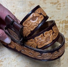 Vtg Chambers Brown Tooled Hand-Painted Leather Belt Mens 36 Western Cowboy
