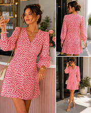 Vince Camuto Pink/Red Animal Print V-Neck Long Puff Sleeve Short Dress 4
