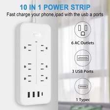 10-in-1 Power Strip USB Type-C Multi Plug Outlet w/ Switch 3.95FT Extension Cord