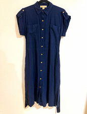 MICHAEL Michael Kors Linen Blend Navy Blue Button Down Midi Shirt Dress Belted S