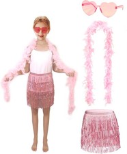 Girls Sequin Skirt Kids Fringe Tassel Feather Boa Sunglasses Pink Sets