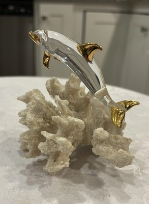 Dolphin Crystal Clear Glass On Faux Coral Mount Gold Trim Preowned