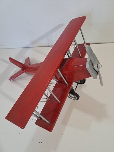 Large Wooden Model Propeller Bi Plane Airplane Red & Silver - Picture 8 of 8
