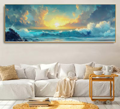 Panoramic View Ocean Sunset Waves  & Sea Clouds Canvas Print Wall Art Home Decor