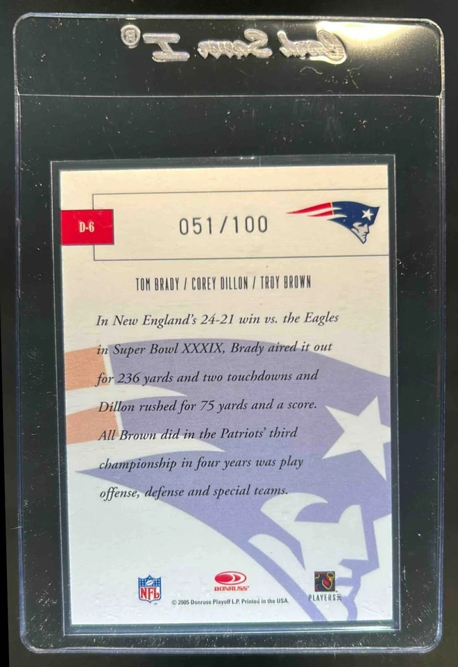 2005 Throwback Threads Tom Brady Corey Dillon Troy Brown Dynasty Blue #51/100 - Image 2 of 2
