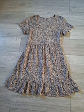 Nutmeg Beige & Black Animal Print Flared Dress Boho Retro Holiday Casual UK12
