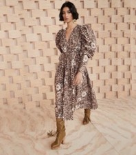 Ulla Johnson Women's Brown Floral Puff Long Sleeve Midi Dress Size 8 Cotton