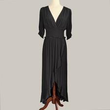 Express Ruffled Maxi Black Dress S Smocked Faux Wrap Dark Romantic Fun Elegant