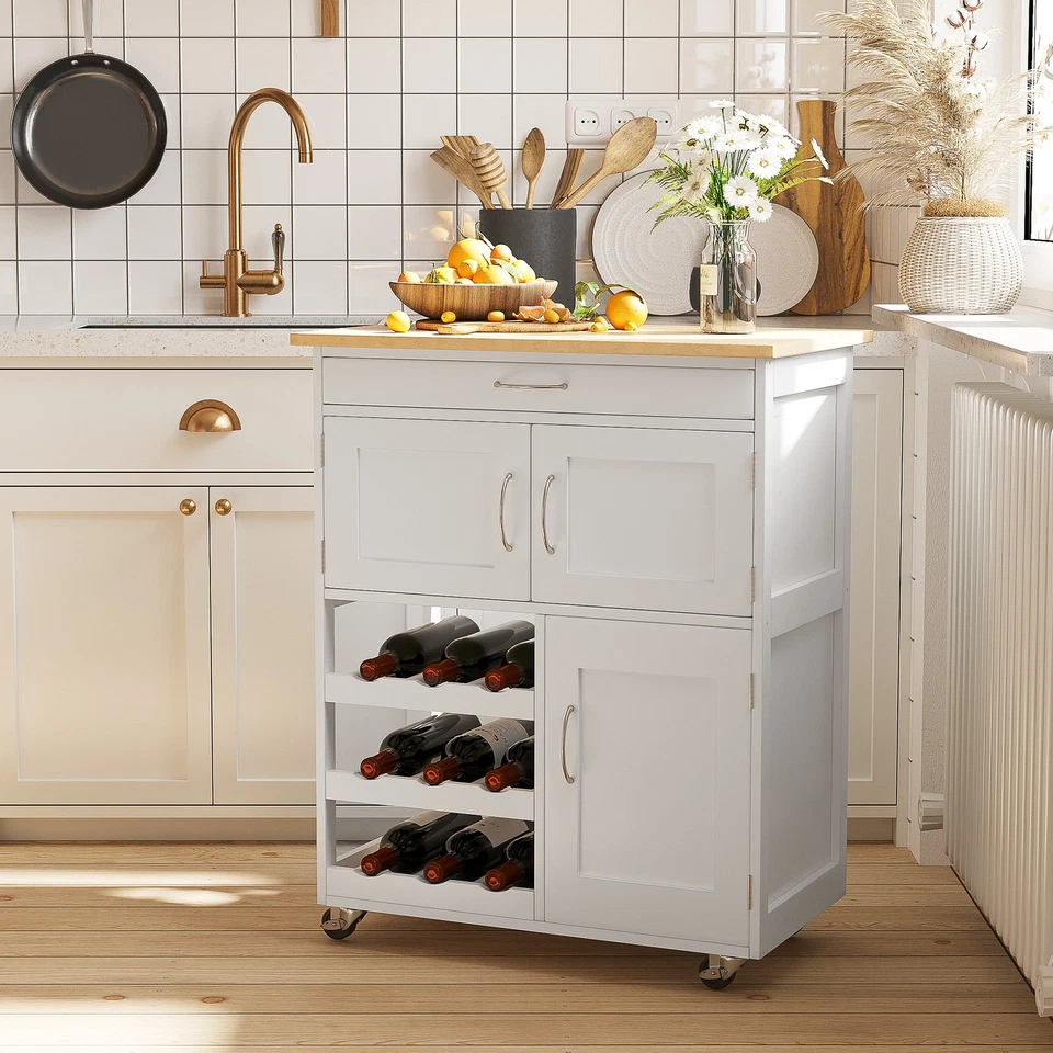 HOMCOM Rolling Kitchen Island Trolley Storage Cart w/ Rubberwood Top, White - Image 2 of 4