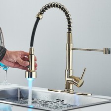 Kitchen Faucet LED Sprayer Pull Down Sink Mixer Taps Single Handle Gold Faucet