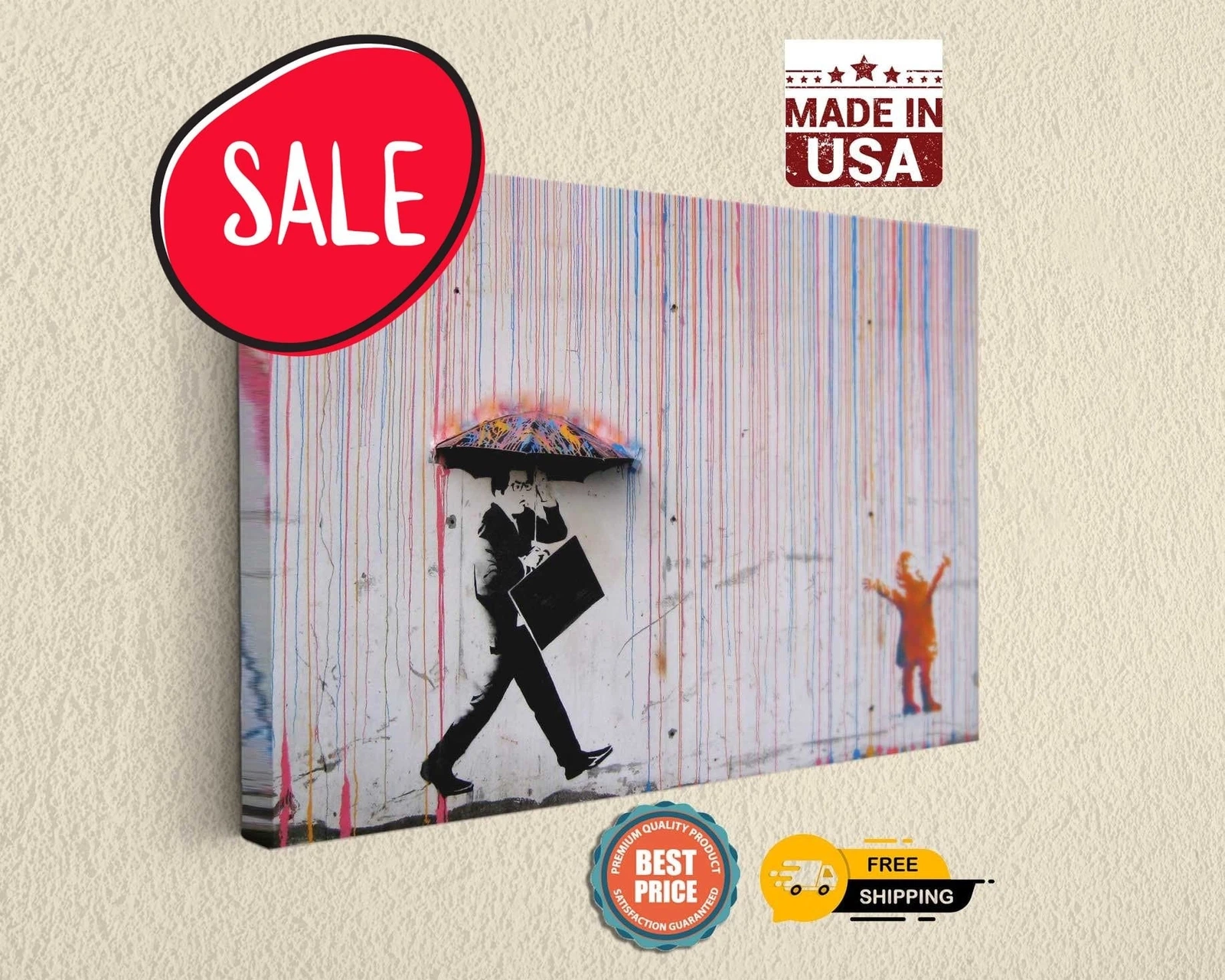 Banksy Colored Rain Canvas Print - Ready to Hang Wall Art for Home Decor
Opens in a new window or ta
