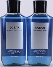 2PK Bath & Body Works Men's OCEAN 3-1 Hair Face Body Wash Gel Shampoo 10 Oz