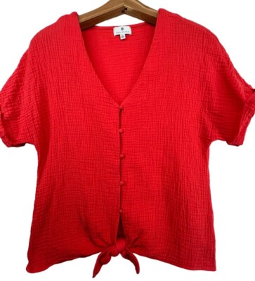Socialite Womens Top Sz L Coral Slubbed Cotton KnottedWaist Beachy Coastal Comfy