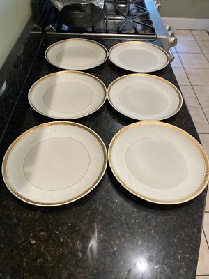 6 Rare Sascha Brastoff Fine China 11'' Dinner plates Gold Lame texture California