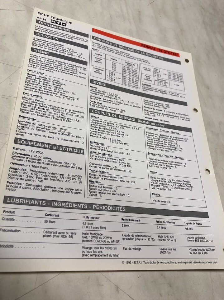 Automobile Technical Sheet Renault 19 R19 GTX TXE Edition 1992 RTA