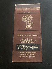 Vintage New York Matchbook “The Algonquin - Ben Bodne” New York City