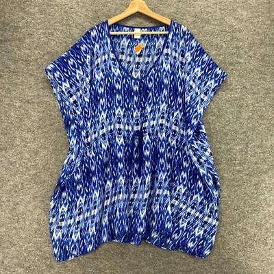 New West Loop Blouse Women One Size Blue Geometric V-Neck Short Sleeve Casual