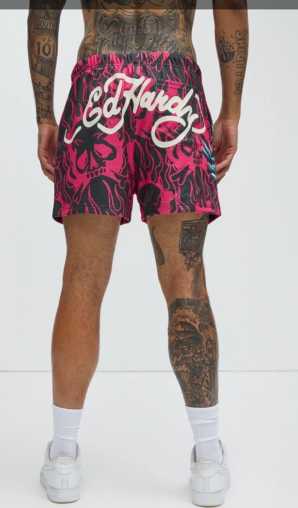 パンツ [Sculptor X Ed Hardy] Cherry Shorts Ed Hardy Pink graphic mesh Shorts Mens - L NWT | eBay