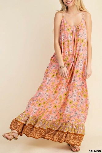 Boho Gypsy Floral Border Print Long Cami Overall Dress Sundress S/M Small Medium - Picture 6 of 7